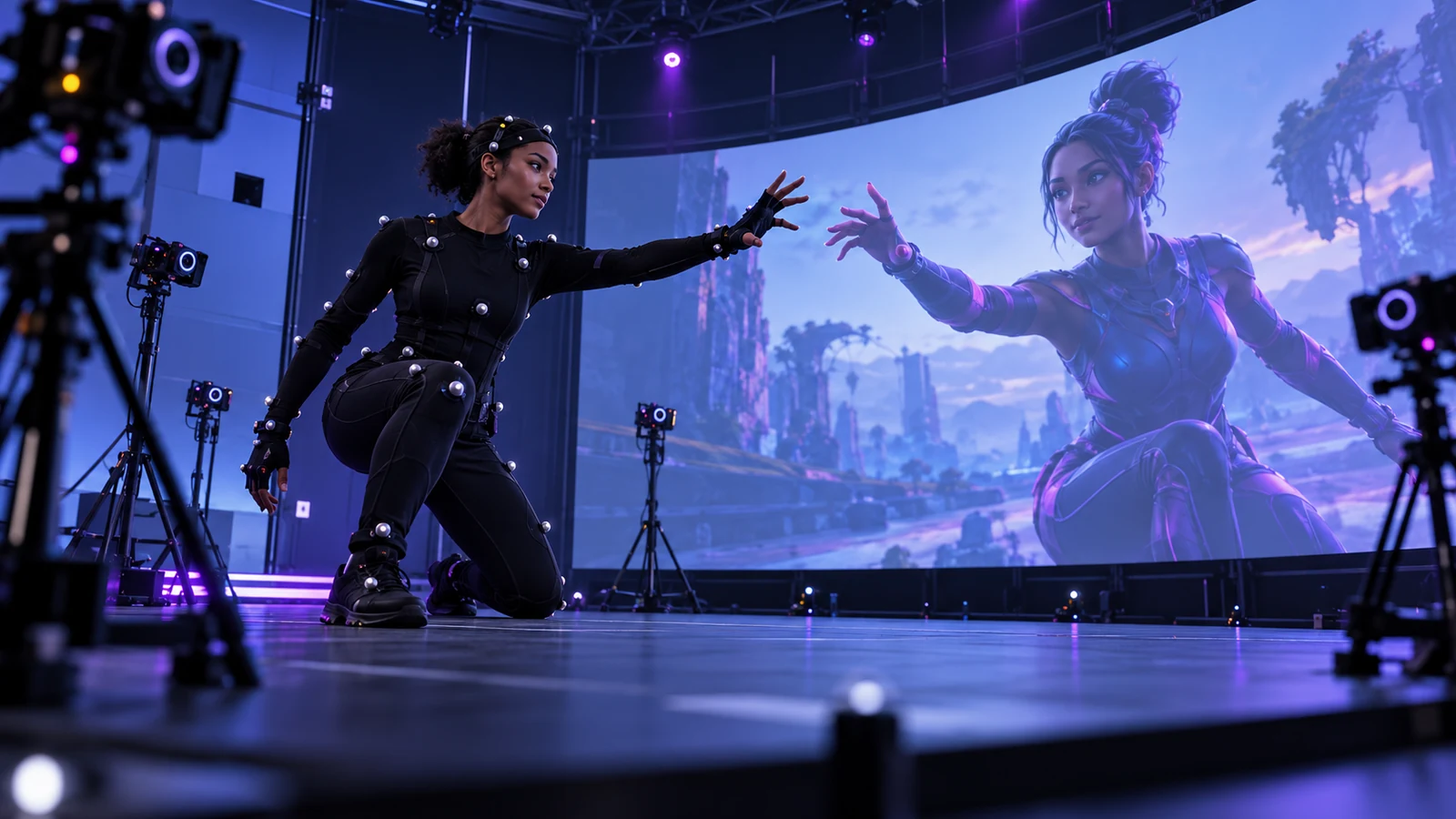 A motion-capture performer rehearses a precise gesture for a 3D animation.