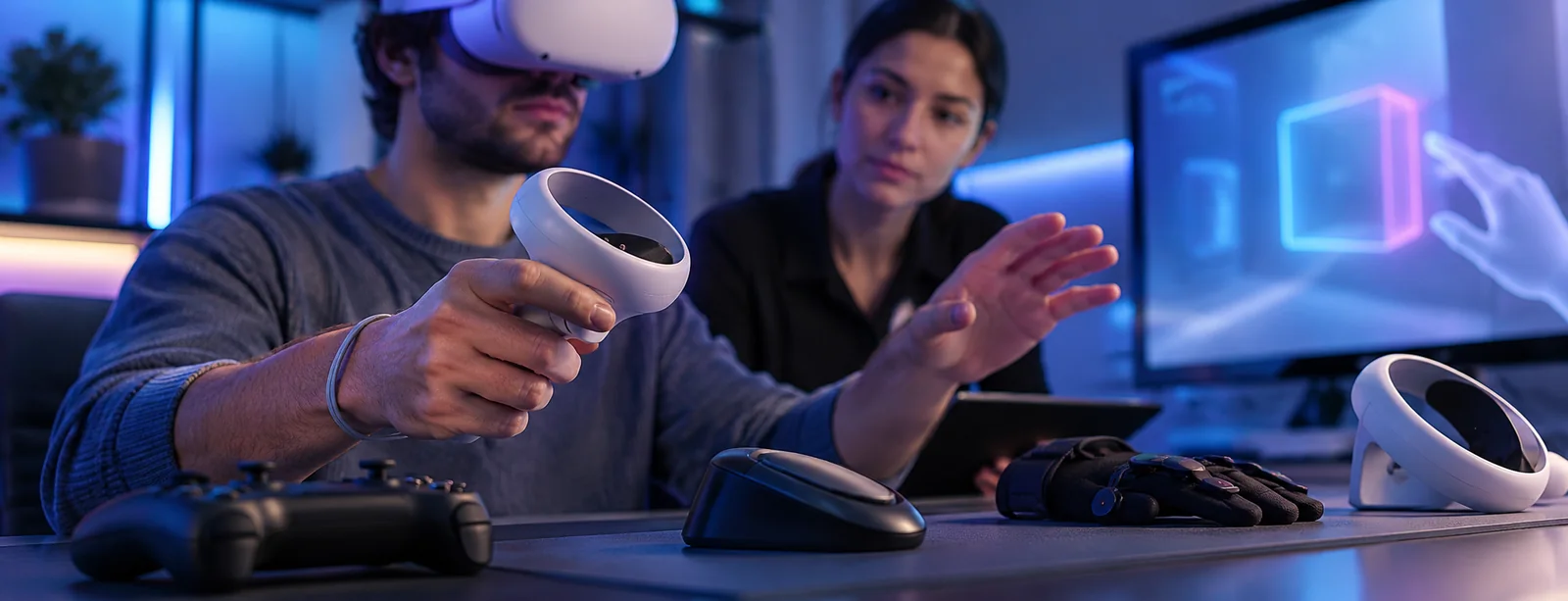 A participant tests an interface for 3D interfaces and player interaction during a hands-on session.