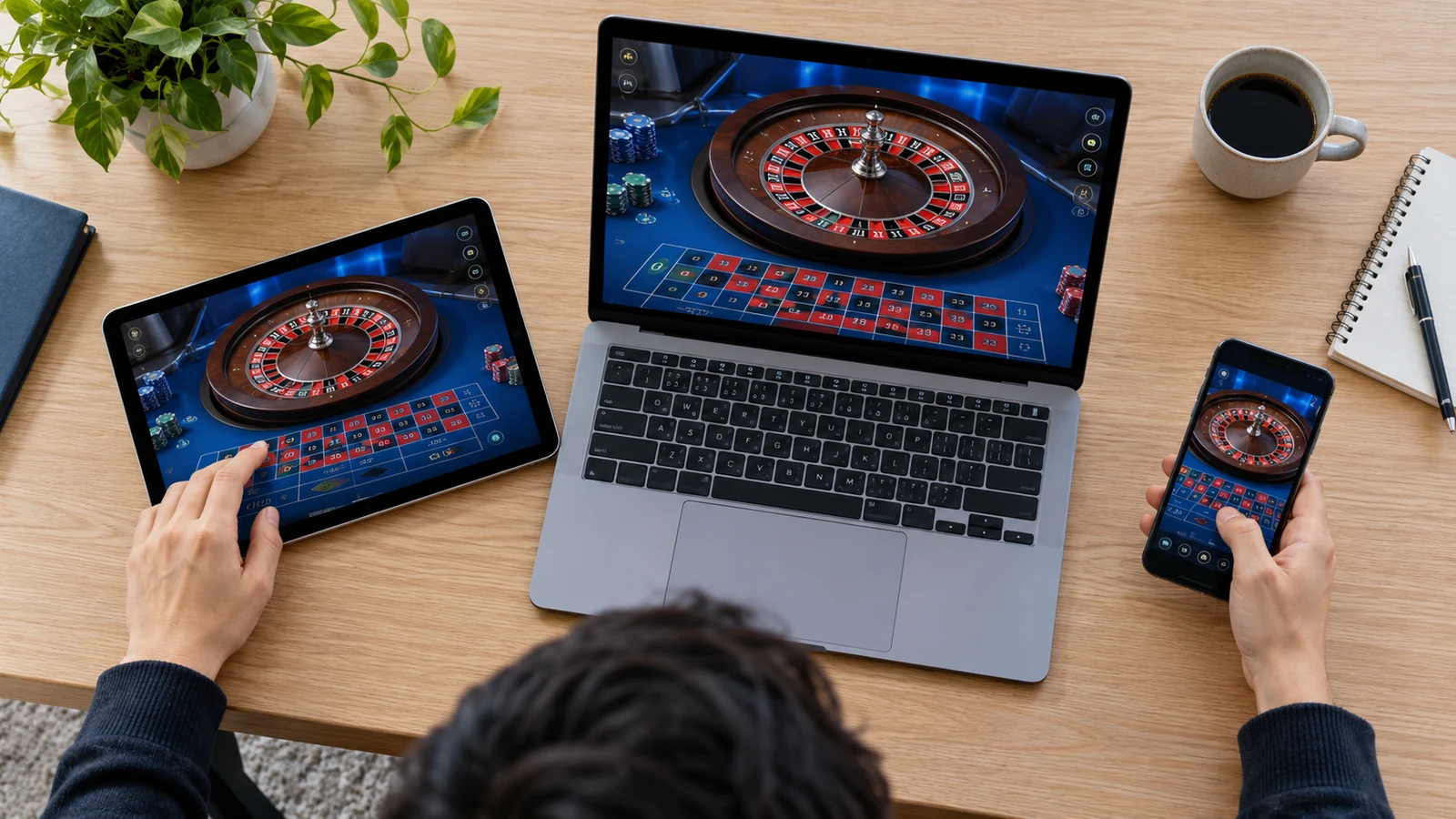 A 3D roulette table is compared across a phone, tablet and laptop.