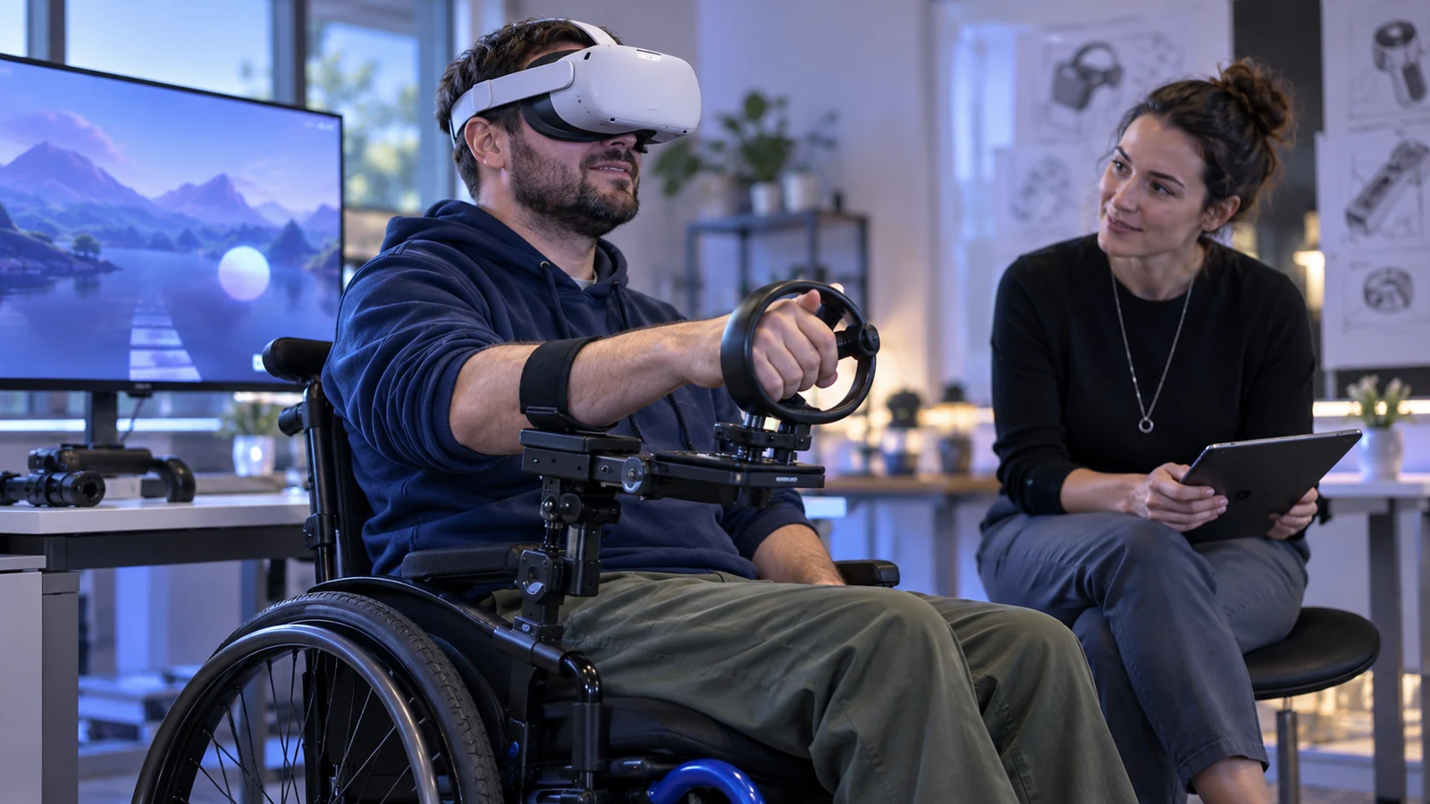 A player tests an adapted controller for a VR interface.