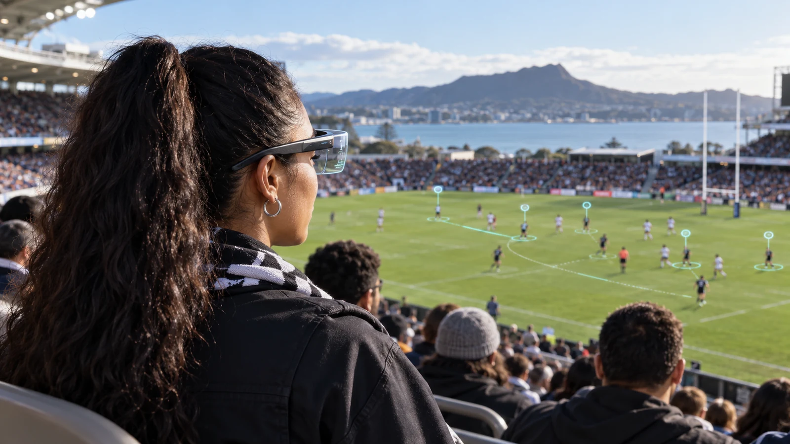 A spectator views player positions through augmented reality glasses.