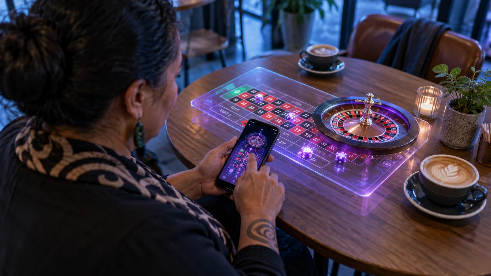 A phone places an augmented roulette table on a caf? surface.