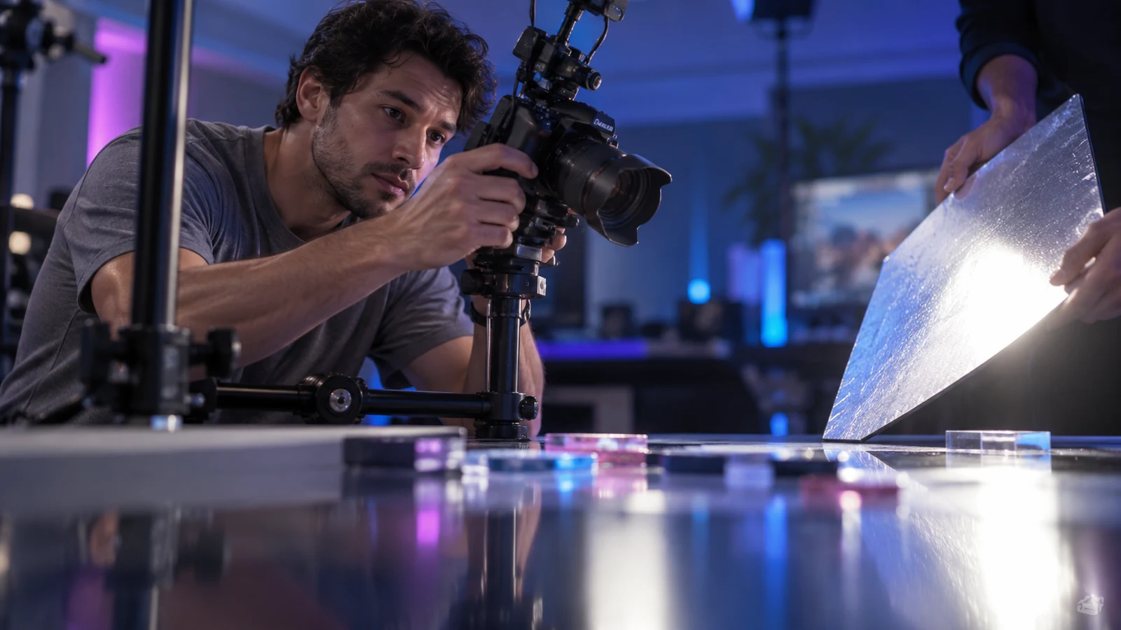 A technician corrects camera glare over a card table.