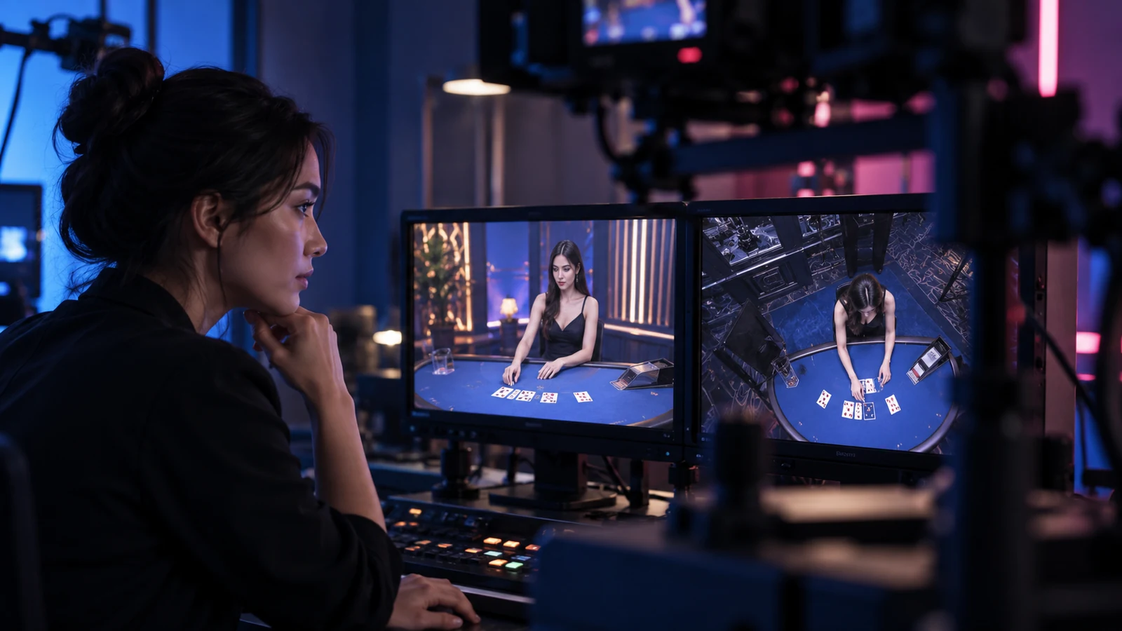 An analyst compares live dealer and overhead camera views.