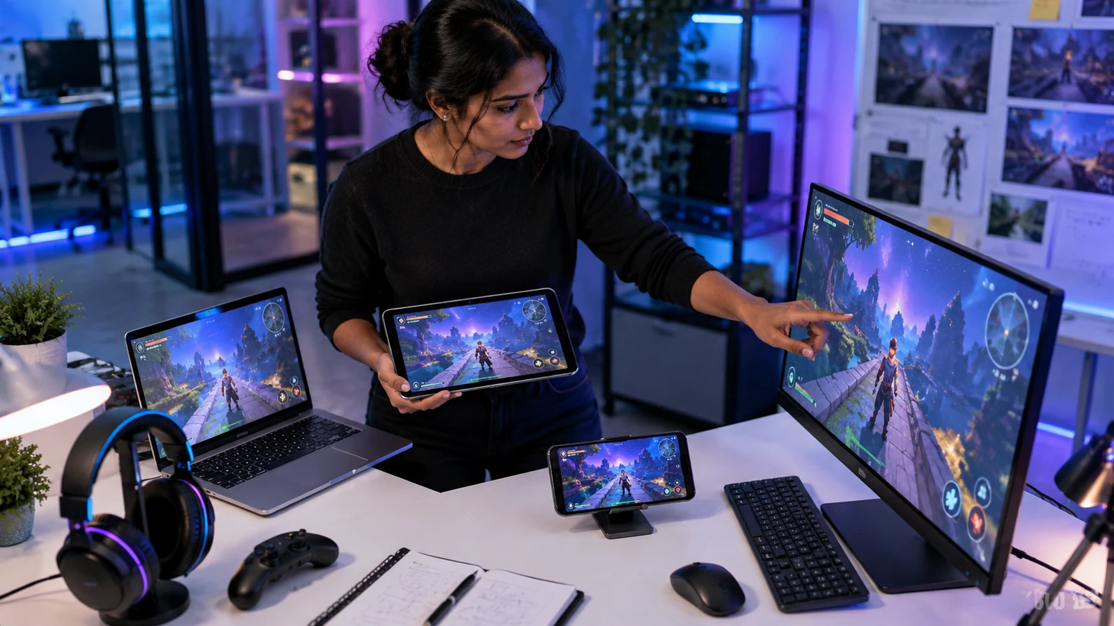 A tester compares one game state across several devices.