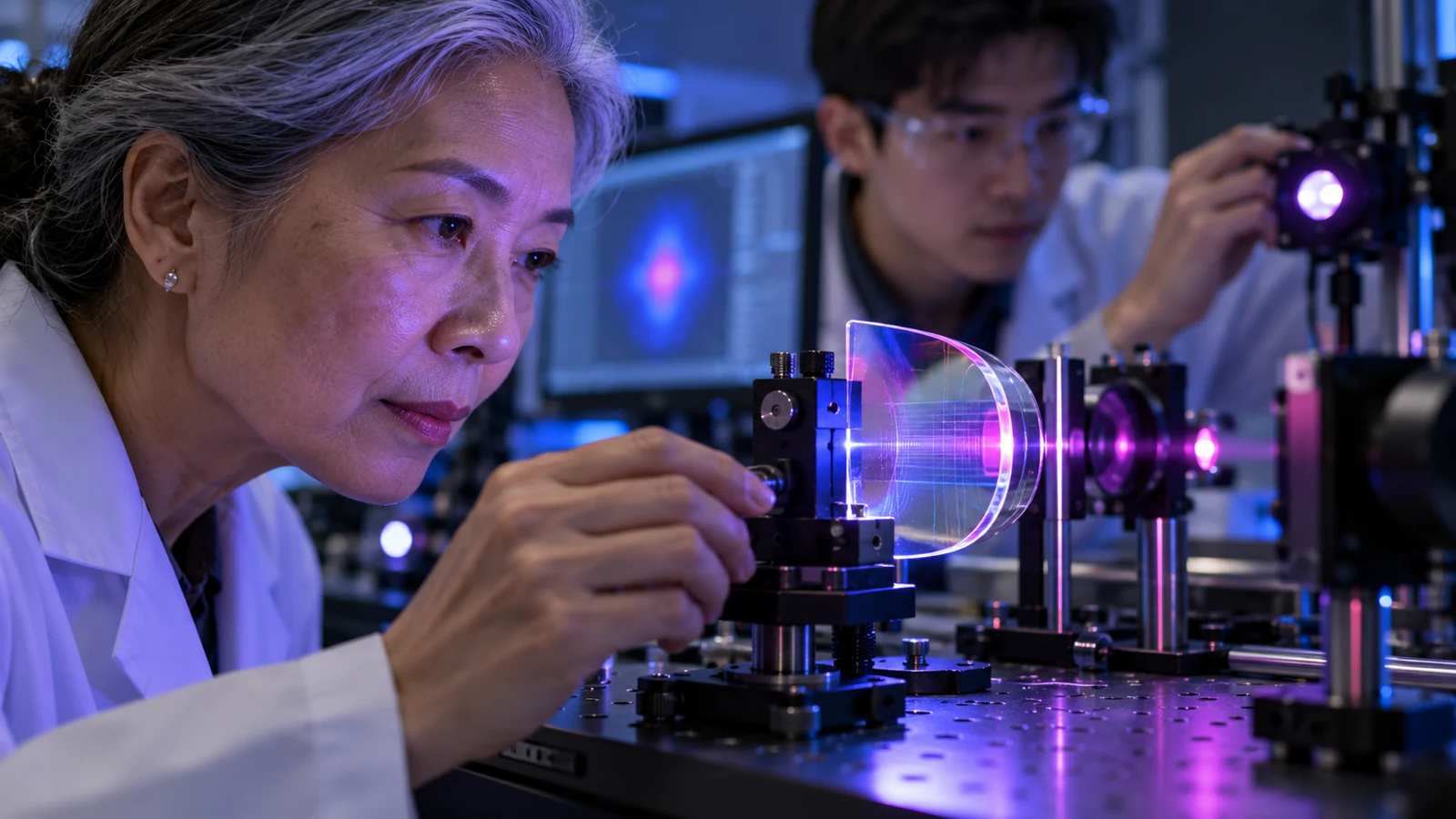 Researchers examine a transparent display lens prototype.