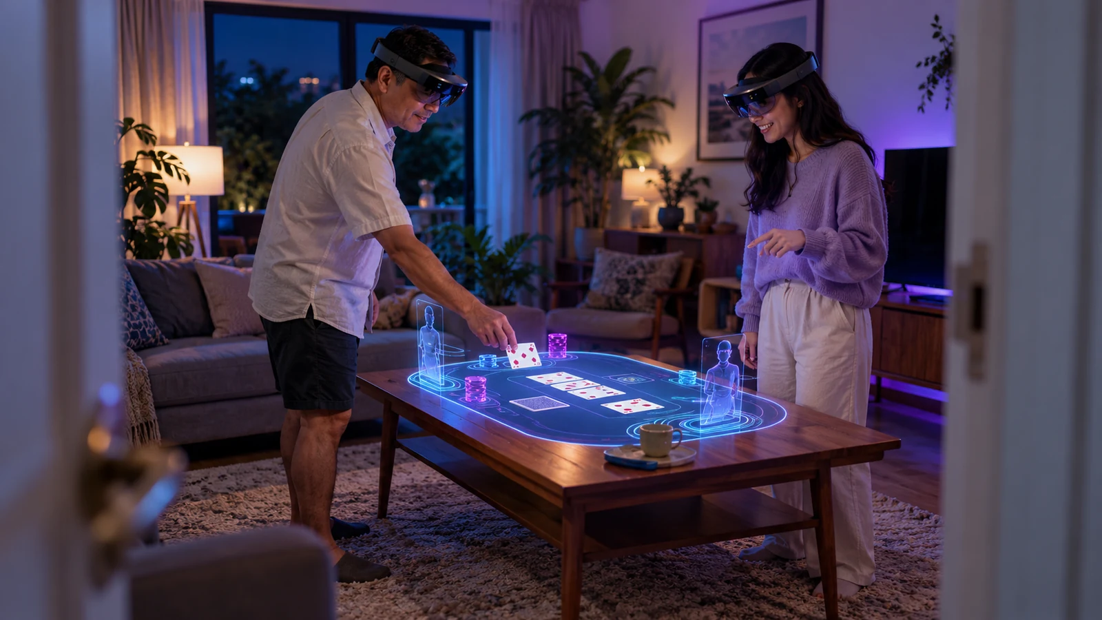 Two people test a mixed-reality game anchored to a real table.