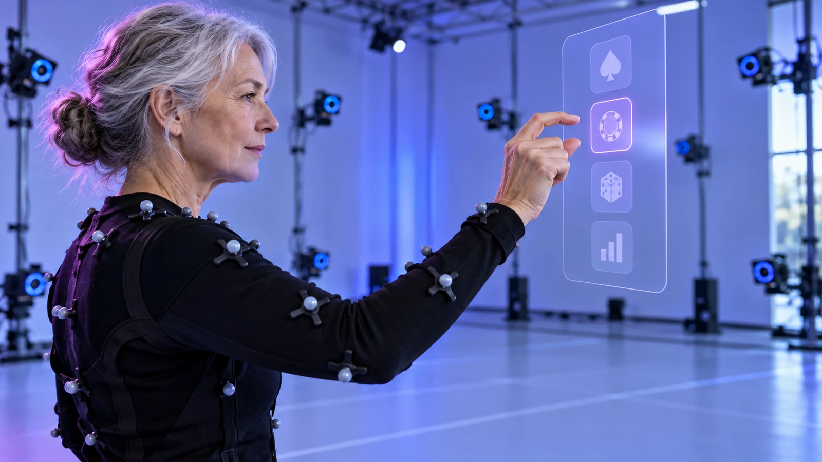 A participant tests a pinch gesture in a motion-tracking room.
