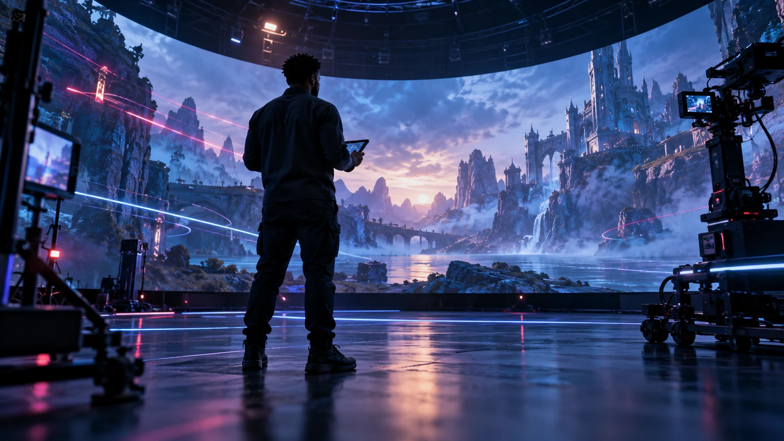 A technical artist evaluates a real-time 3D scene on a projection stage.