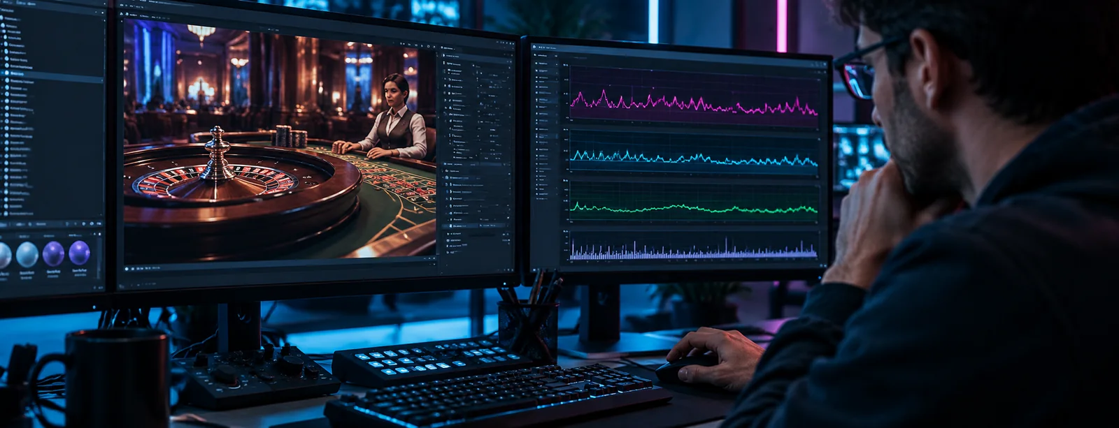 A participant tests an interface for real-time 3D rendering for online casino games during a hands-on session.