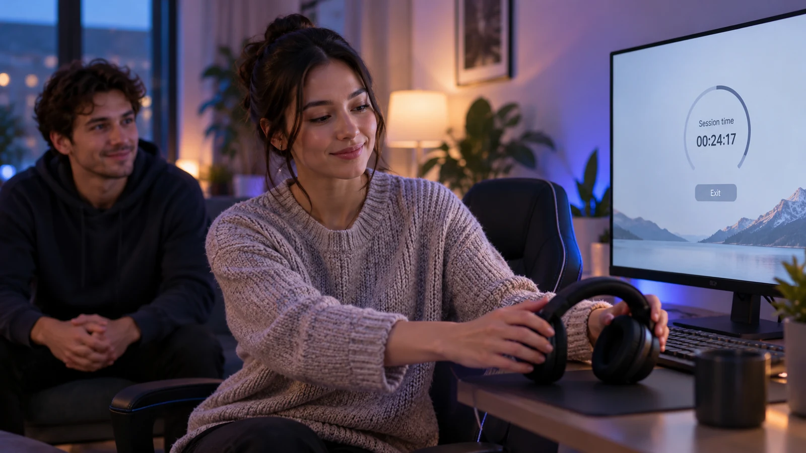 A player pauses a headset session with a friend nearby.
