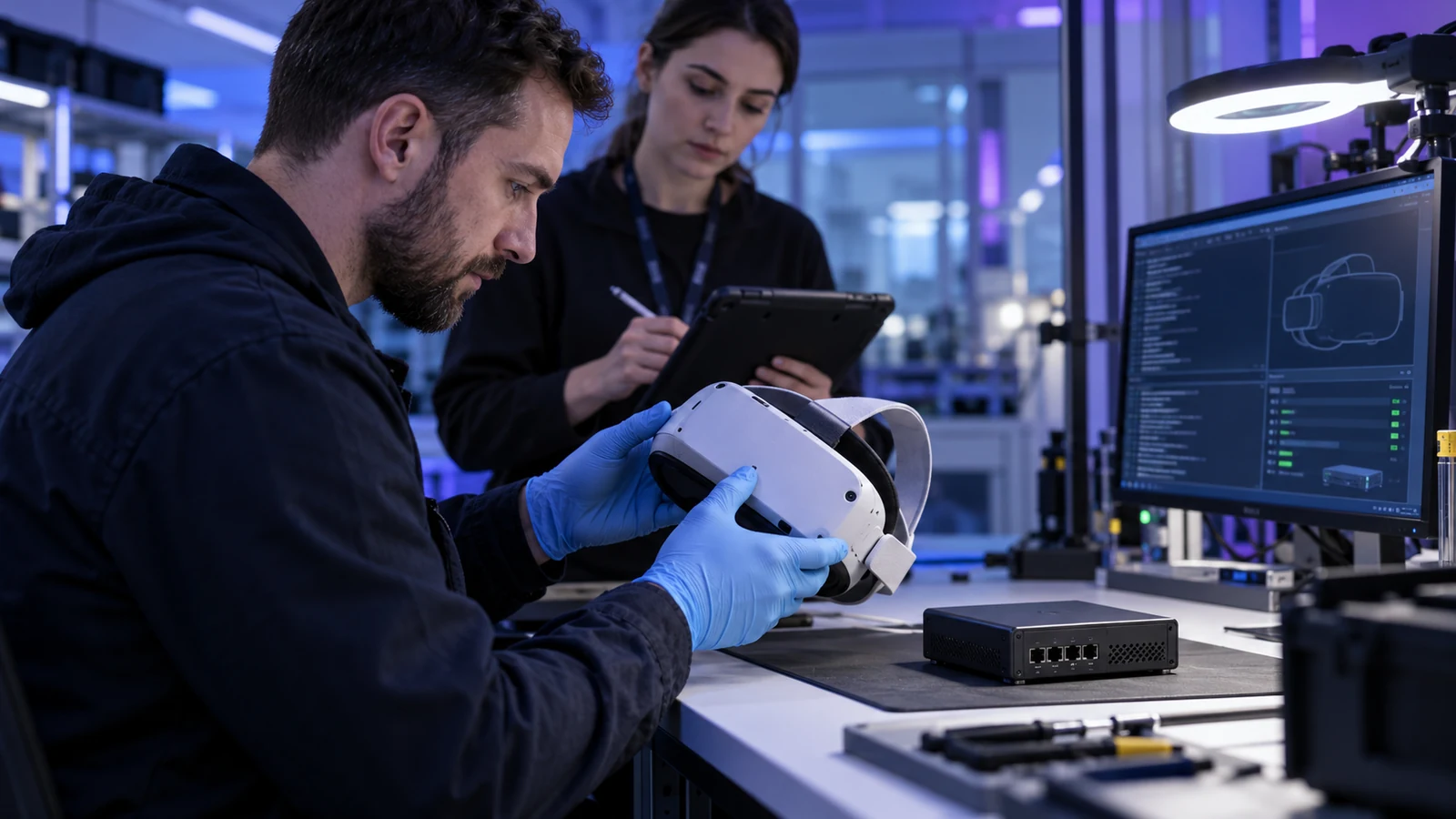 Engineers inspect a headset update and secure device connection.
