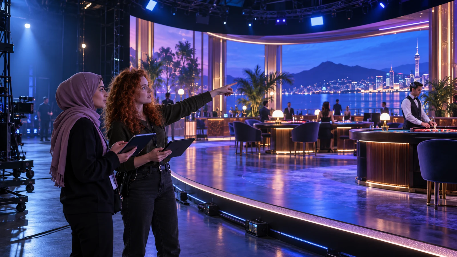 Developers review a virtual casino scene on a production stage.