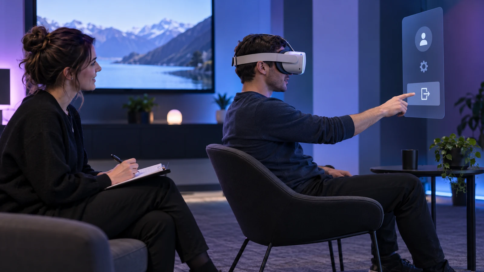 A usability researcher observes a participant using an immersive interface.