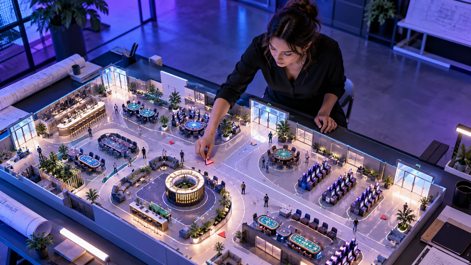 An architect reviews an open virtual casino floor plan.