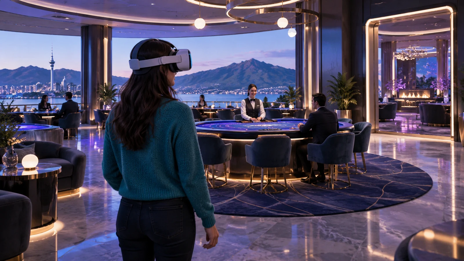 A first-time headset user enters an open virtual casino room.