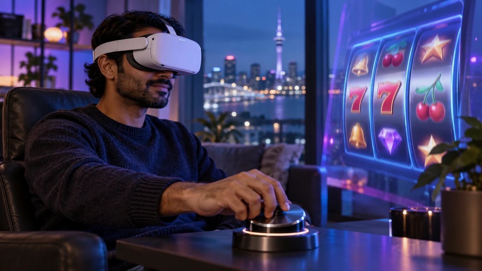 A headset player uses a tactile dial beside virtual slot reels.