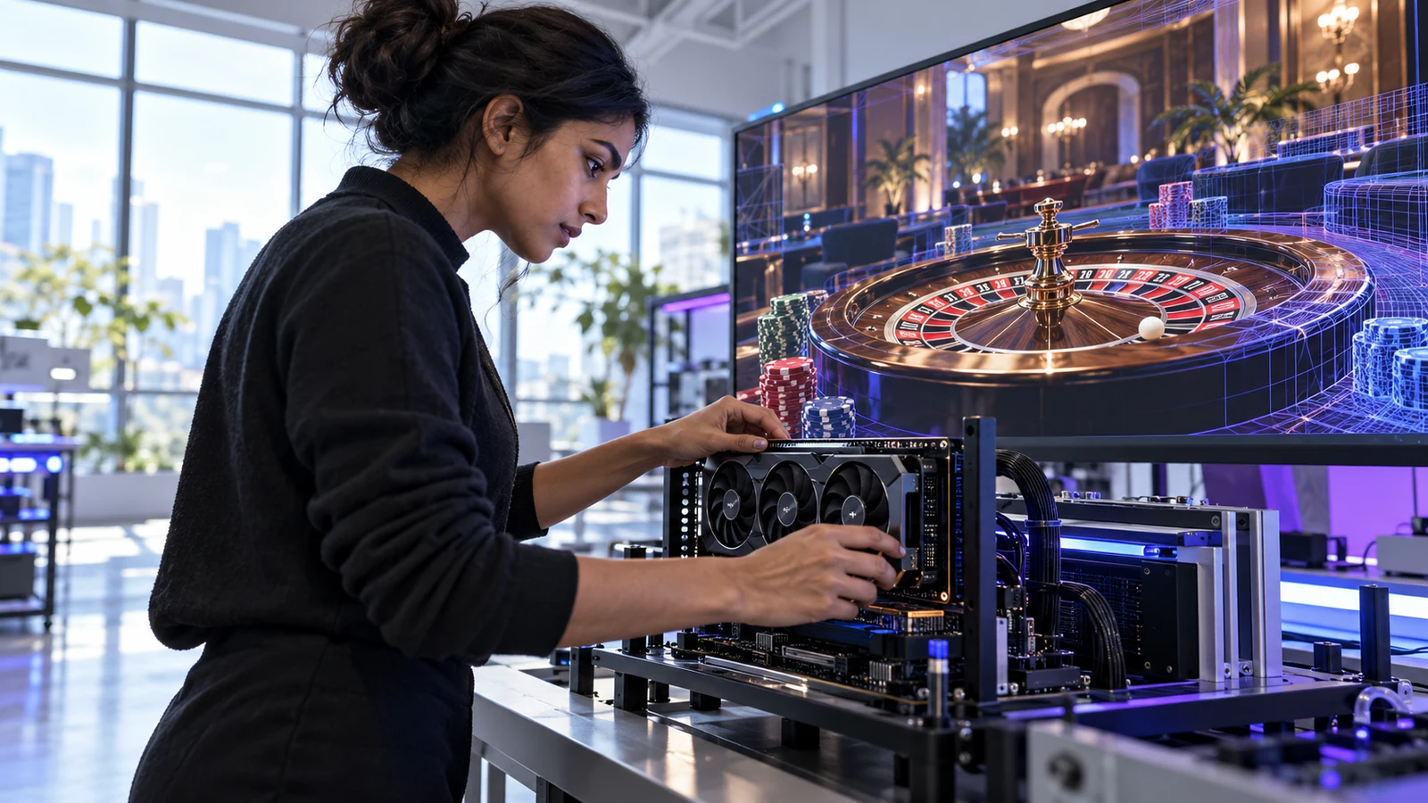 A graphics engineer checks a GPU test rig beside a real-time 3D roulette rendering.
