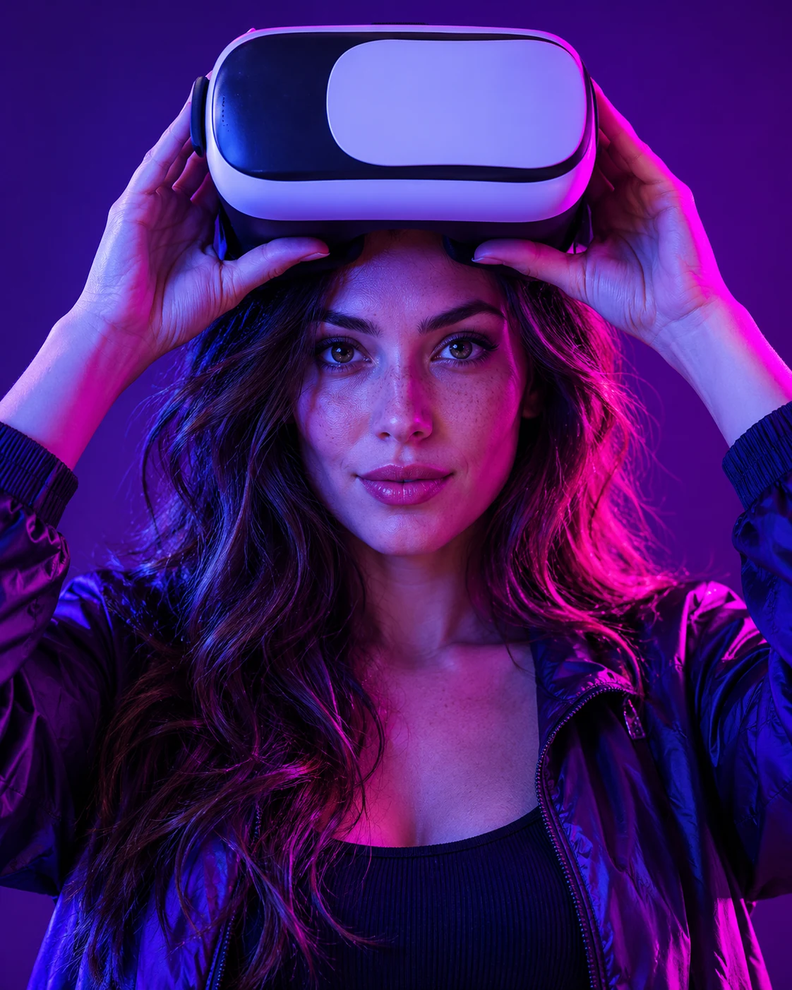 A woman lifts a VR headset in violet light