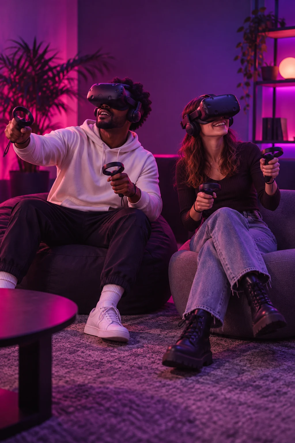 Two people use VR headsets and controllers in a living room